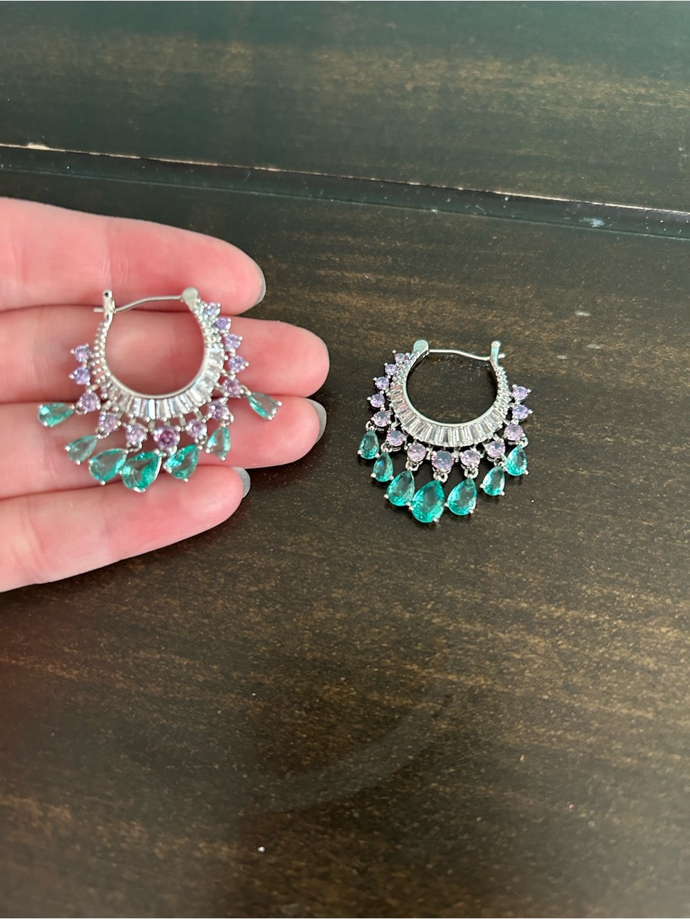 Silver Hoop Earrings with Green Teardrop and Light Purple Accents